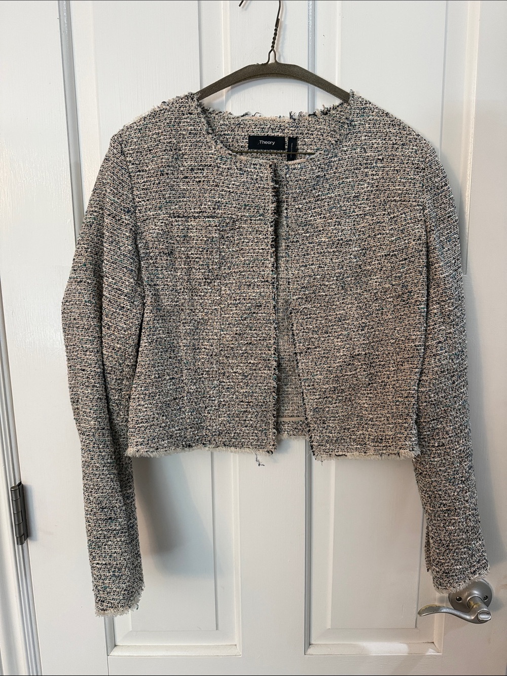 Theory Cropped Tweed Jacket in blue/teal/yellow/white Blend